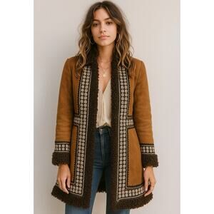 Vintage 70s Leather Penny Lane Coat Embroidered Size S Hippie Boho Dan Di Modes